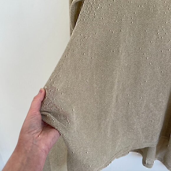 UMGEE Gold / Tan Open Weave Knit Asymmetrical Sharkbite Hem 3/4 Sleeve Tunic Top - Picture 7 of 12